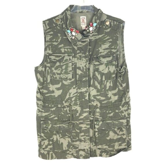 Decree XL Green Camo Top Pockets Zip Snap Front Vest Jeweled Collar Drawstring - Picture 12 of 12